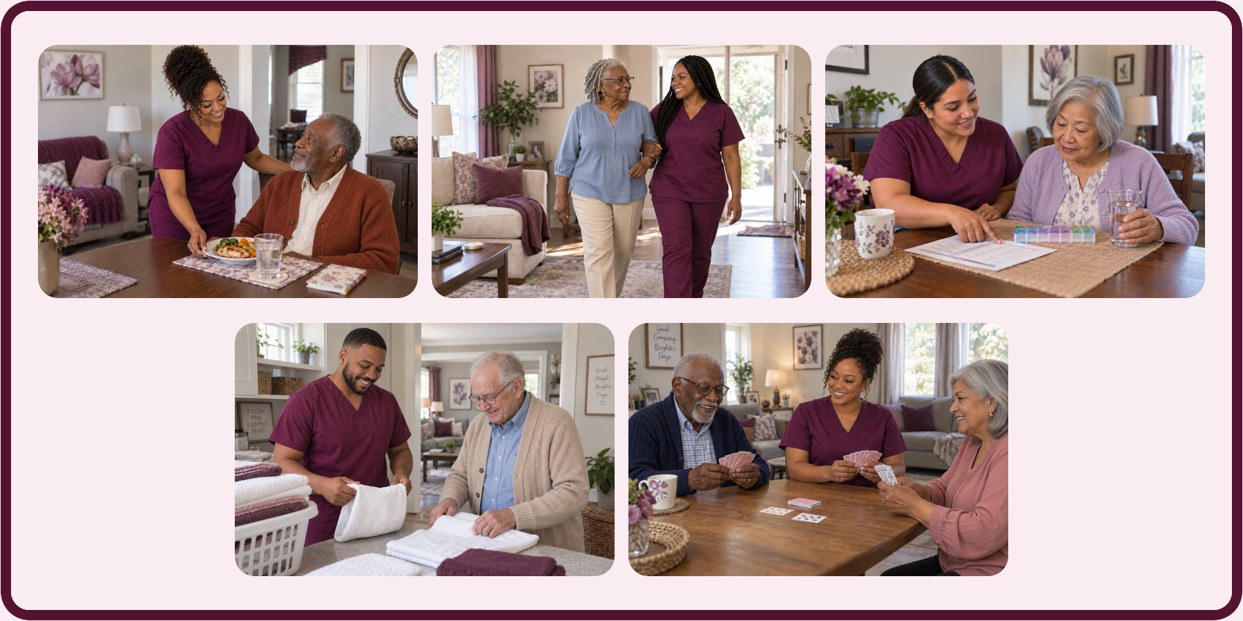 Home Harmony caregivers supporting residents with meals, walking, medication routines, laundry, and companionship